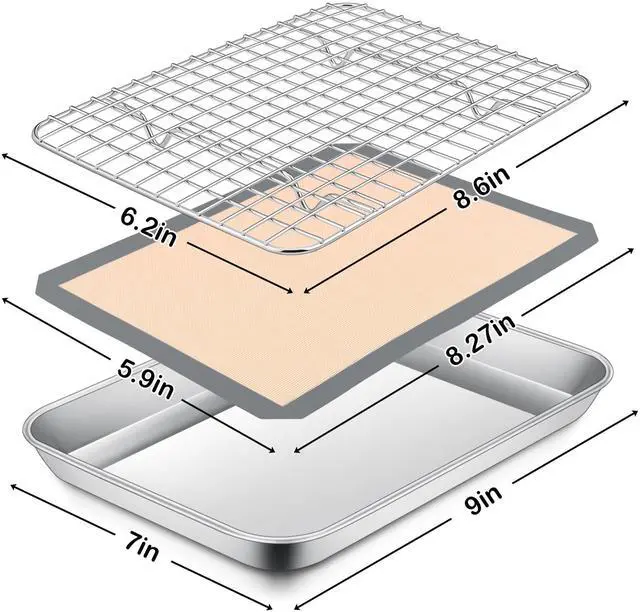 Alt view image 2 of 7 - 9 x 7 x 1 Inch Toaster Oven Pan with Grid Rack and Silicone Mat, Stainless Steel Toaster Oven Tray Baking Pan with Cooling Roasting Rack, Dishwasher Safe (3Pcs)