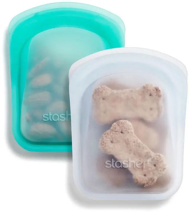 Main image of Silicone Reusable Storage Bag, Pocket Bags 2-Pack, Microwave, Dishwasher, Oven Safe, Sous Vide, Eco Friendly, Leak-free, Food-safe Silicone Snack Bags for Travel, 4 oz, Clear & Aqua