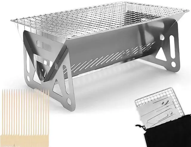 Main image of Mini Portable Camping Grill with Bamboo Stick/Storage bag, Small Assemblable Removable BBQ Grill Tabletop Fire Pit for Camping Patio Outdoor Stainless Steel Camping Grill Folding Barbecue Grills