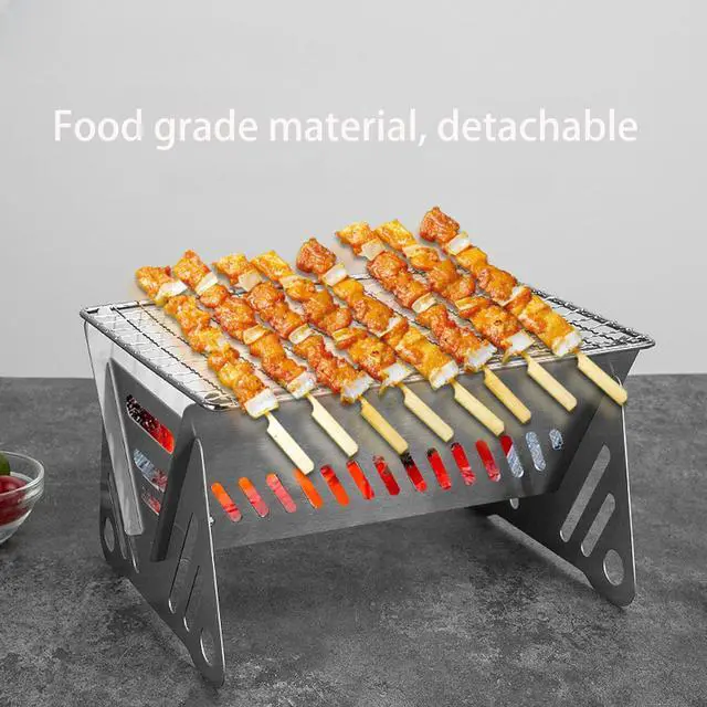 Alt view image 2 of 6 - Mini Portable Camping Grill with Bamboo Stick/Storage bag, Small Assemblable Removable BBQ Grill Tabletop Fire Pit for Camping Patio Outdoor Stainless Steel Camping Grill Folding Barbecue Grills