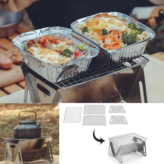 Alt view image 3 of 6 - Mini Portable Camping Grill with Bamboo Stick/Storage bag, Small Assemblable Removable BBQ Grill Tabletop Fire Pit for Camping Patio Outdoor Stainless Steel Camping Grill Folding Barbecue Grills