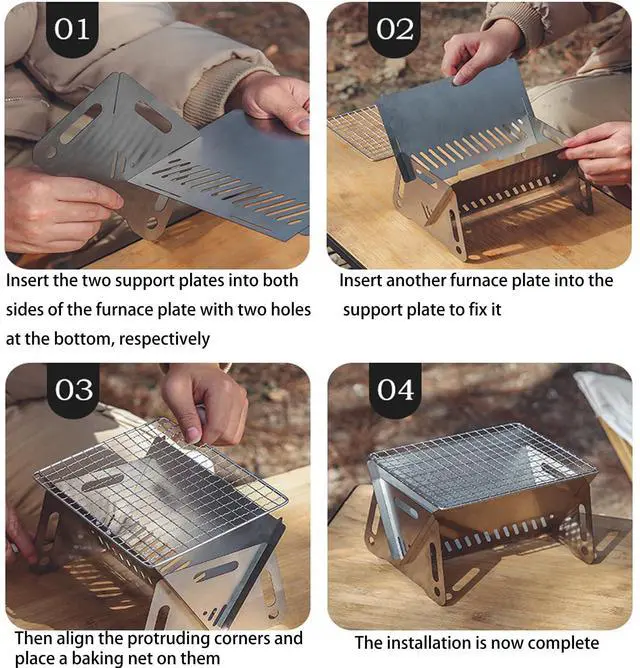 Alt view image 6 of 6 - Mini Portable Camping Grill with Bamboo Stick/Storage bag, Small Assemblable Removable BBQ Grill Tabletop Fire Pit for Camping Patio Outdoor Stainless Steel Camping Grill Folding Barbecue Grills