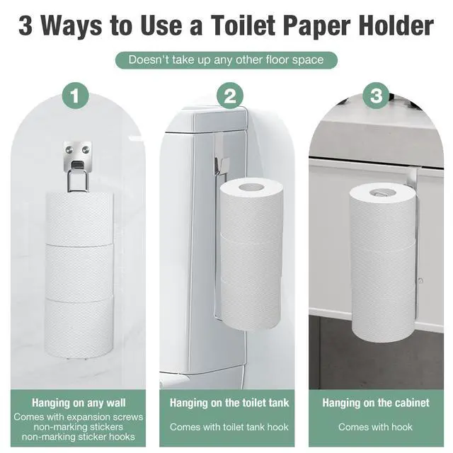Alt view image 2 of 6 - Toilet Paper Holder Self Adhesive, Wall Mount Toilet Paper Storage for 3 Roll Tissue, Over the Tank Toilet Paper Holder Stainless Steel for Bathroom Storage (Silver 1Pcs)