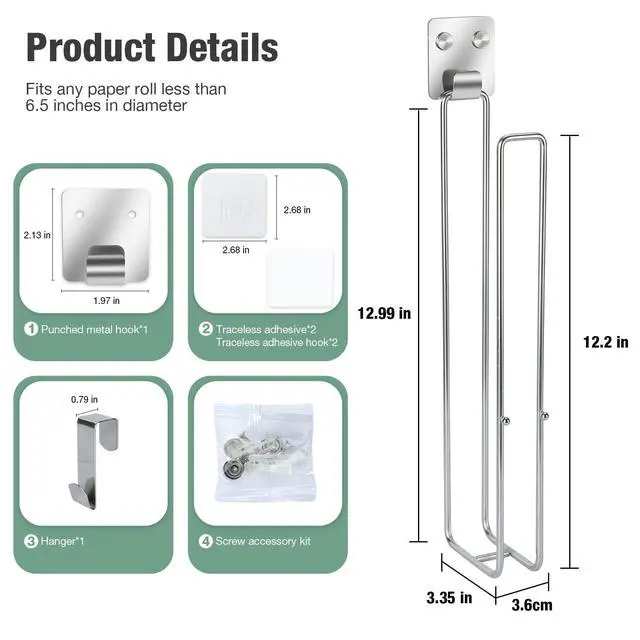 Alt view image 5 of 6 - Toilet Paper Holder Self Adhesive, Wall Mount Toilet Paper Storage for 3 Roll Tissue, Over the Tank Toilet Paper Holder Stainless Steel for Bathroom Storage (Silver 1Pcs)