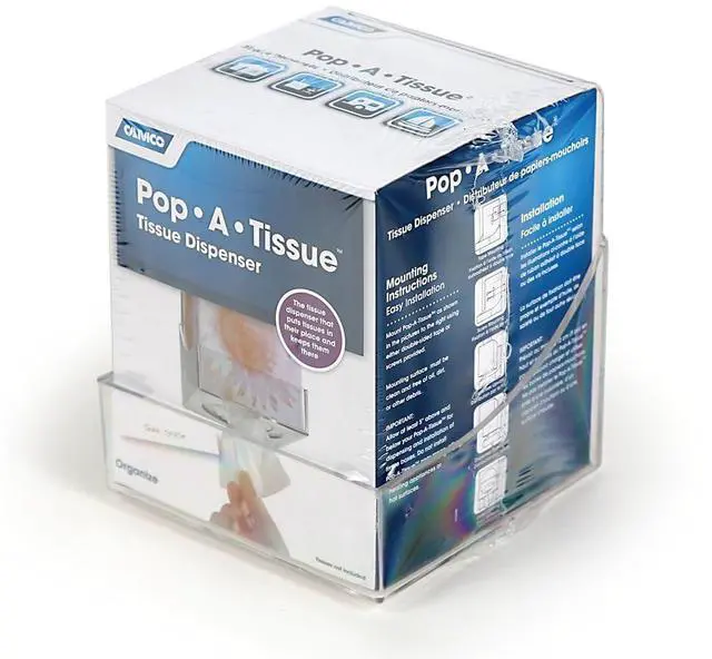 Main image of Pop-A-Tissue- Tissue Box Holder- Mounts to Walls and Cabinets, Dispenses Tissue and Holds Tissue Boxes Upward or Downward- Perfect for RVs and Trailers, Easy Install - Clear (57101)