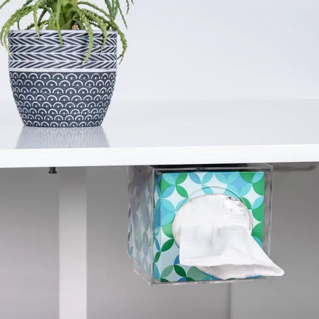 Alt view image 2 of 7 - Facial Tissue Box Holder for Wall, Under Cabinet or Desk, RV, Bathroom, Small Spaces - Acrylic Wall Mounted Square Box Dispenser, Face Down or Sideways in Tight Areas