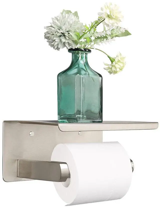 Main image of Toilet Paper Holder with Shelf, Heavy Duty Bath Toilet Roll Holder with Phone Shelf Tissue Hanger for Bathroom/Kitchen No Drill or Wall Mounted(304 Stainless Steel, Brushed Nickel)