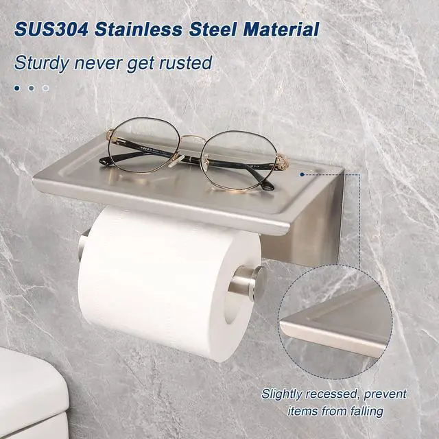 Alt view image 3 of 7 - Toilet Paper Holder with Shelf, Heavy Duty Bath Toilet Roll Holder with Phone Shelf Tissue Hanger for Bathroom/Kitchen No Drill or Wall Mounted(304 Stainless Steel, Brushed Nickel)