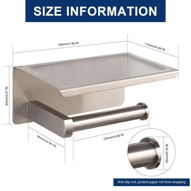 Alt view image 2 of 7 - Toilet Paper Holder with Shelf, Heavy Duty Bath Toilet Roll Holder with Phone Shelf Tissue Hanger for Bathroom/Kitchen No Drill or Wall Mounted(304 Stainless Steel, Brushed Nickel)