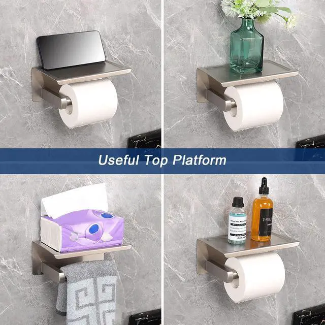 Alt view image 4 of 7 - Toilet Paper Holder with Shelf, Heavy Duty Bath Toilet Roll Holder with Phone Shelf Tissue Hanger for Bathroom/Kitchen No Drill or Wall Mounted(304 Stainless Steel, Brushed Nickel)