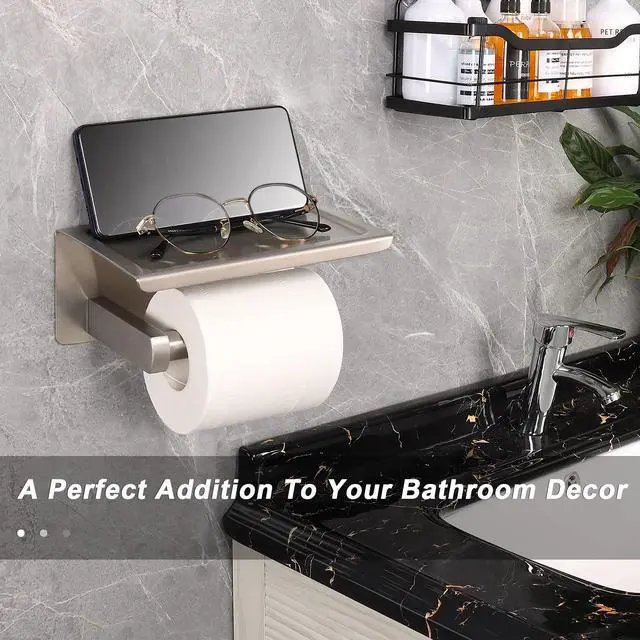Alt view image 5 of 7 - Toilet Paper Holder with Shelf, Heavy Duty Bath Toilet Roll Holder with Phone Shelf Tissue Hanger for Bathroom/Kitchen No Drill or Wall Mounted(304 Stainless Steel, Brushed Nickel)