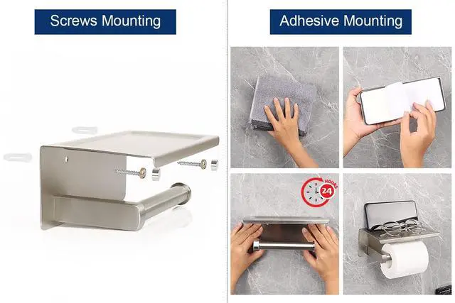 Alt view image 6 of 7 - Toilet Paper Holder with Shelf, Heavy Duty Bath Toilet Roll Holder with Phone Shelf Tissue Hanger for Bathroom/Kitchen No Drill or Wall Mounted(304 Stainless Steel, Brushed Nickel)