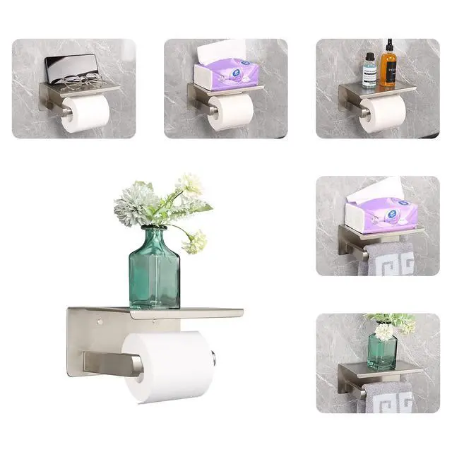Alt view image 7 of 7 - Toilet Paper Holder with Shelf, Heavy Duty Bath Toilet Roll Holder with Phone Shelf Tissue Hanger for Bathroom/Kitchen No Drill or Wall Mounted(304 Stainless Steel, Brushed Nickel)