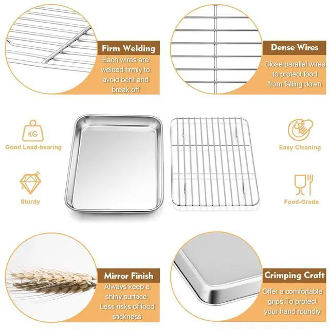 Alt view image 3 of 7 - 9 Inch Baking Oven Sheet Pan with Rack & Mat for Cookie, Stainless Steel Oven Sheet Tray Cooling Rack and Silicone Mat for Baking & Roasting, Dishwasher Safe & Healthy, 3Pcs