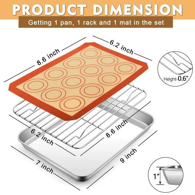Alt view image 2 of 7 - 9 Inch Baking Oven Sheet Pan with Rack & Mat for Cookie, Stainless Steel Oven Sheet Tray Cooling Rack and Silicone Mat for Baking & Roasting, Dishwasher Safe & Healthy, 3Pcs