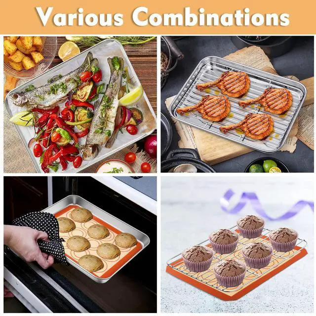 Alt view image 5 of 7 - 9 Inch Baking Oven Sheet Pan with Rack & Mat for Cookie, Stainless Steel Oven Sheet Tray Cooling Rack and Silicone Mat for Baking & Roasting, Dishwasher Safe & Healthy, 3Pcs
