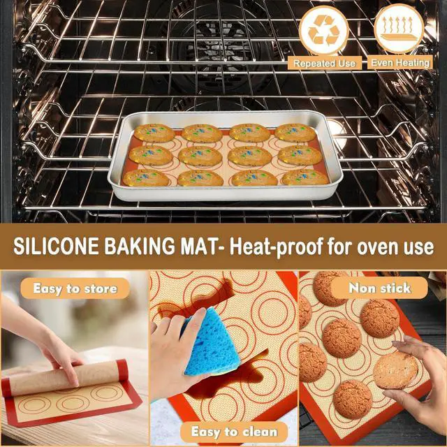 Alt view image 4 of 7 - 9 Inch Baking Oven Sheet Pan with Rack & Mat for Cookie, Stainless Steel Oven Sheet Tray Cooling Rack and Silicone Mat for Baking & Roasting, Dishwasher Safe & Healthy, 3Pcs