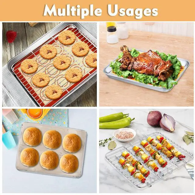 Alt view image 6 of 7 - 9 Inch Baking Oven Sheet Pan with Rack & Mat for Cookie, Stainless Steel Oven Sheet Tray Cooling Rack and Silicone Mat for Baking & Roasting, Dishwasher Safe & Healthy, 3Pcs