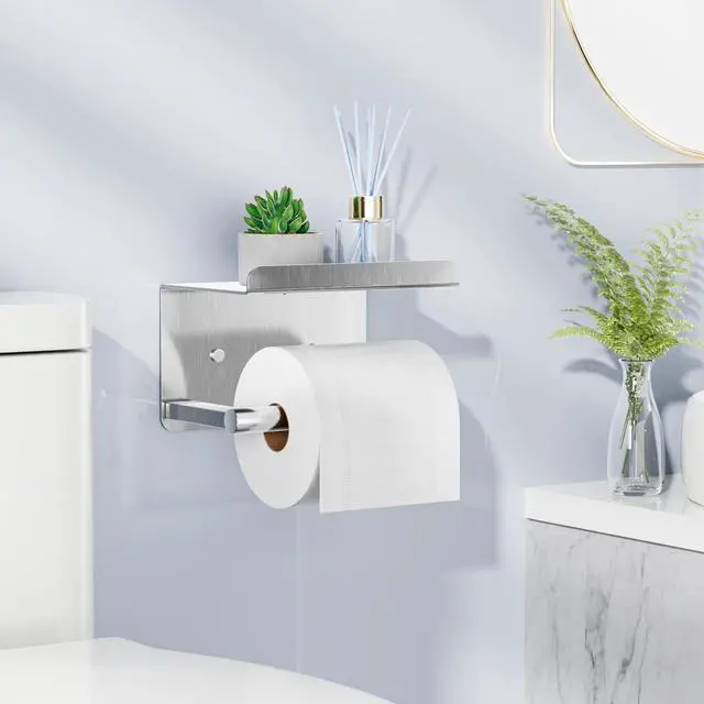 Alt view image 2 of 6 - Self-Adhesive Toilet Paper Roll Holder - Wall Mount Or Adhesive Toilet Paper Holder with Shelf,Toilet Roll Holder, Tissue Holder for Bathroom,Wall Toilet Paper Holder, Stainless Steel,Chrome