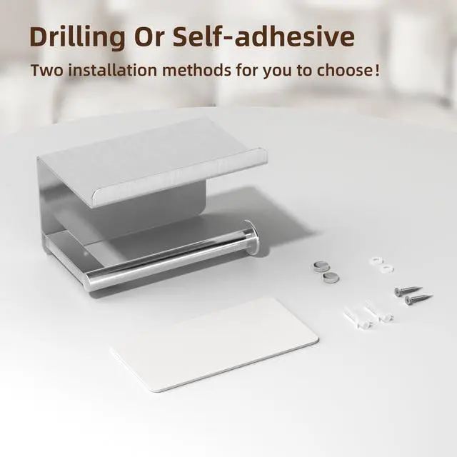 Alt view image 4 of 6 - Self-Adhesive Toilet Paper Roll Holder - Wall Mount Or Adhesive Toilet Paper Holder with Shelf,Toilet Roll Holder, Tissue Holder for Bathroom,Wall Toilet Paper Holder, Stainless Steel,Chrome