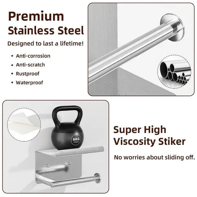 Alt view image 5 of 6 - Self-Adhesive Toilet Paper Roll Holder - Wall Mount Or Adhesive Toilet Paper Holder with Shelf,Toilet Roll Holder, Tissue Holder for Bathroom,Wall Toilet Paper Holder, Stainless Steel,Chrome