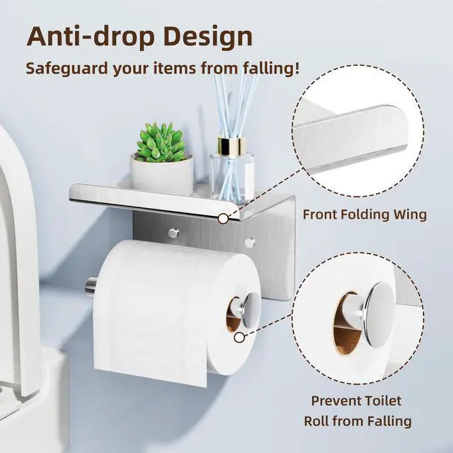 Alt view image 6 of 6 - Self-Adhesive Toilet Paper Roll Holder - Wall Mount Or Adhesive Toilet Paper Holder with Shelf,Toilet Roll Holder, Tissue Holder for Bathroom,Wall Toilet Paper Holder, Stainless Steel,Chrome