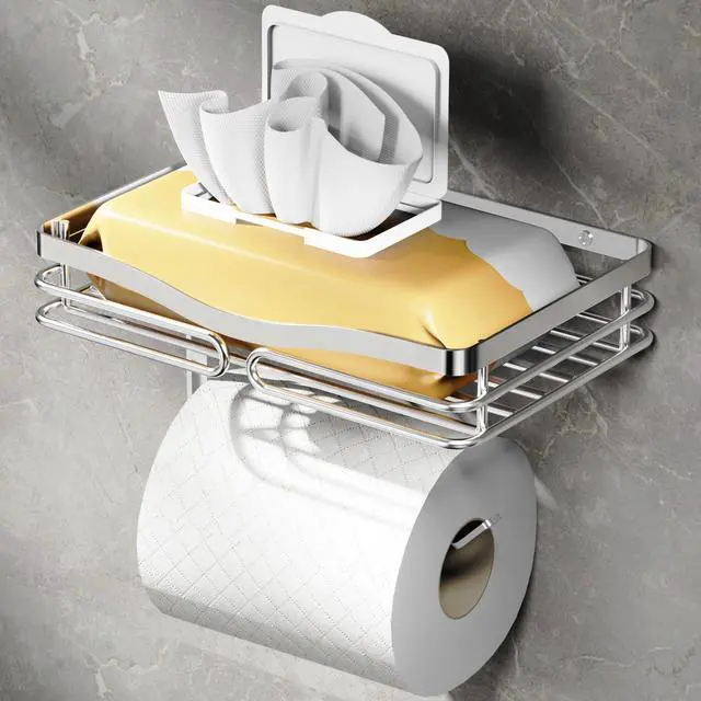 Main image of Toilet Paper Holder with Shelf, Adhesive or Drilling Toilet Paper Roll Holder for Bathroom, Rustproof Tissue Roll Holder Wall Mounted for Wipe Storage (Silver)