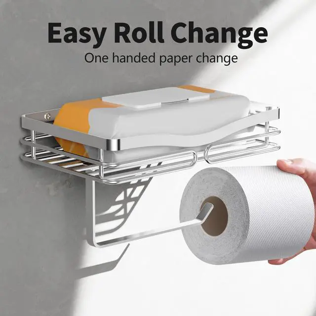 Alt view image 3 of 7 - Toilet Paper Holder with Shelf, Adhesive or Drilling Toilet Paper Roll Holder for Bathroom, Rustproof Tissue Roll Holder Wall Mounted for Wipe Storage (Silver)