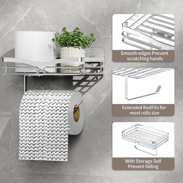 Alt view image 2 of 7 - Toilet Paper Holder with Shelf, Adhesive or Drilling Toilet Paper Roll Holder for Bathroom, Rustproof Tissue Roll Holder Wall Mounted for Wipe Storage (Silver)