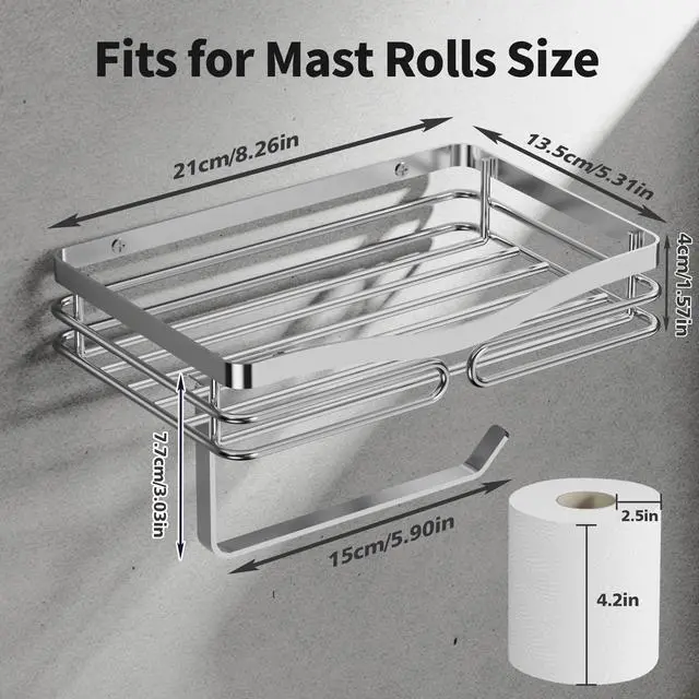 Alt view image 5 of 7 - Toilet Paper Holder with Shelf, Adhesive or Drilling Toilet Paper Roll Holder for Bathroom, Rustproof Tissue Roll Holder Wall Mounted for Wipe Storage (Silver)