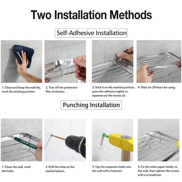 Alt view image 7 of 7 - Toilet Paper Holder with Shelf, Adhesive or Drilling Toilet Paper Roll Holder for Bathroom, Rustproof Tissue Roll Holder Wall Mounted for Wipe Storage (Silver)