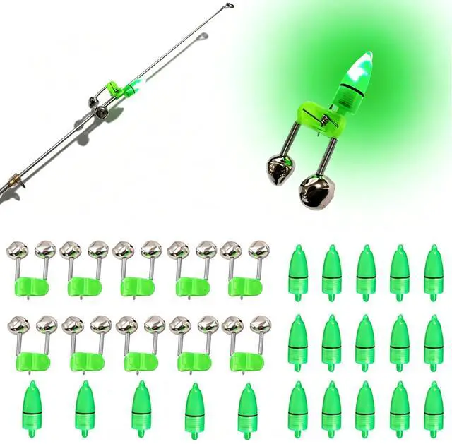 Main image of Fishing Bells with Lights 20 Pcs LED Night Fishing Lights 10 Pcs Fishing Rod Bait Alarm Bell Night Fishing Accessories Bait Alarm Bell Rod Clip Tip for Fishing(Green)