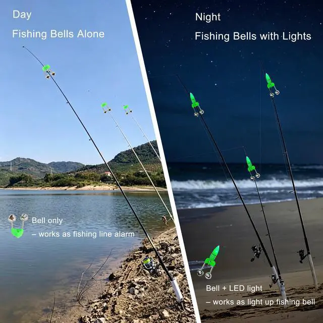 Alt view image 2 of 6 - Fishing Bells with Lights 20 Pcs LED Night Fishing Lights 10 Pcs Fishing Rod Bait Alarm Bell Night Fishing Accessories Bait Alarm Bell Rod Clip Tip for Fishing(Green)