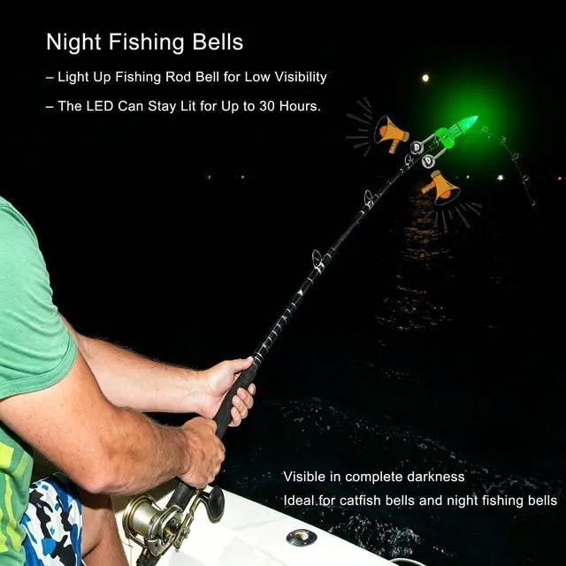 Alt view image 5 of 6 - Fishing Bells with Lights 20 Pcs LED Night Fishing Lights 10 Pcs Fishing Rod Bait Alarm Bell Night Fishing Accessories Bait Alarm Bell Rod Clip Tip for Fishing(Green)