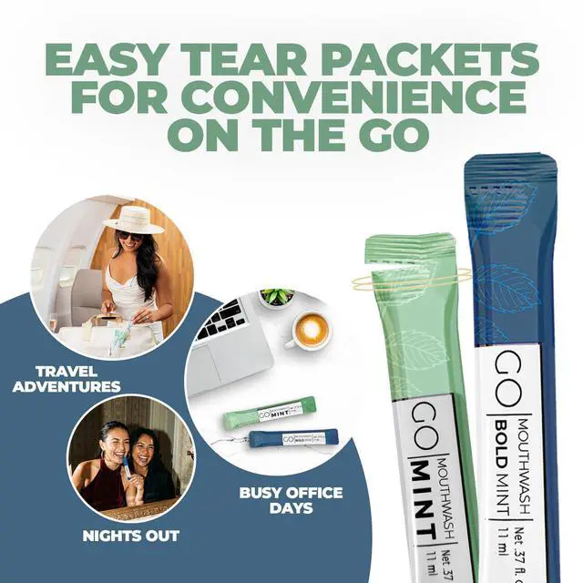 Alt view image 6 of 6 - Bold Mint GO Travel Size Mouthwash Packets Individual Mini Mouthwash for Fresh Breath - Smart Single Packet Design to Reduce Travel Bottle Waste.