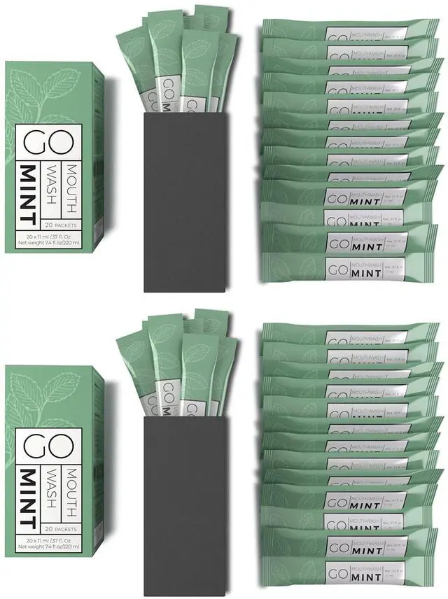 Main image of GO Travel Size Mouthwash Packets Individual Mini Single Packets for Fresh Breath - TSA Compliant - Smart Packet Design to Reduce Travel Bottle Waste. Alcohol-Free.