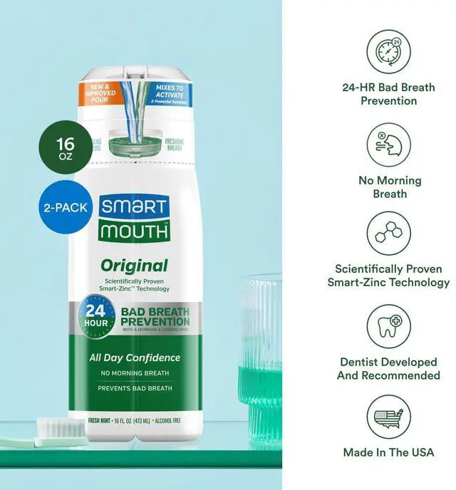 Alt view image 5 of 7 - Original Zinc Activated Mouthwash - Instant Fresh Breath Mouthwash - Eliminates Bad Odors and Bad Breath - Alcohol-Free, Sugar-Free, Gluten-Free - Fresh Mint - 16 fl oz (2 Pack)