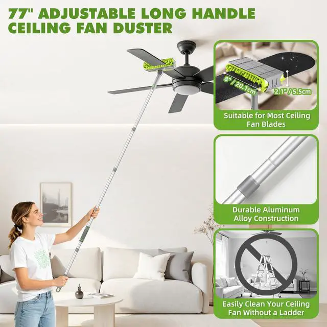 Alt view image 3 of 7 - Ceiling Fan Cleaner Duster with 6 Ft/77'' Extendable Long Handle Multi-Functional Chenille Fan Duster for Ceiling Fan Blades, Blind, Cobweb, Vent, Wall