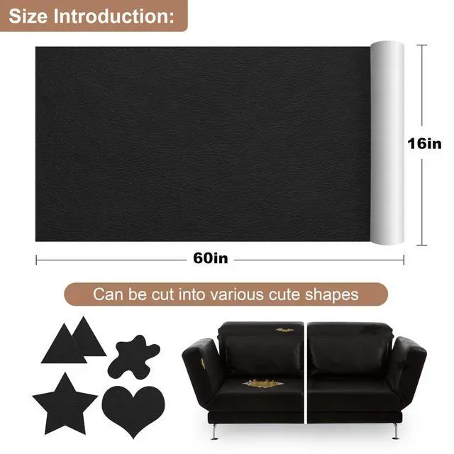 Alt view image 2 of 6 - Leather Repair Patch, Self-Adhesive Couch Patch, Multicolor Available Scratch Leather 16X60 Inch Peel and Stick for Sofas, Car Seats (Ink Black)