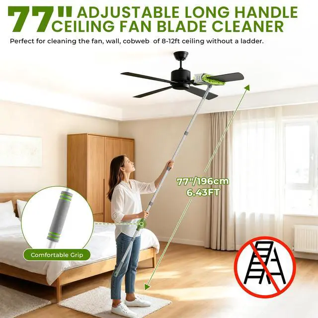 Alt view image 3 of 7 - Ceiling Fan Cleaner Duster with 77" Extension Pole, 4-in-1 Reusable Microfiber & Chenille Fan Blade Cleaner, Bendable Fan Duster for Ceiling Fan Blade Blinds Baseboard Cobweb