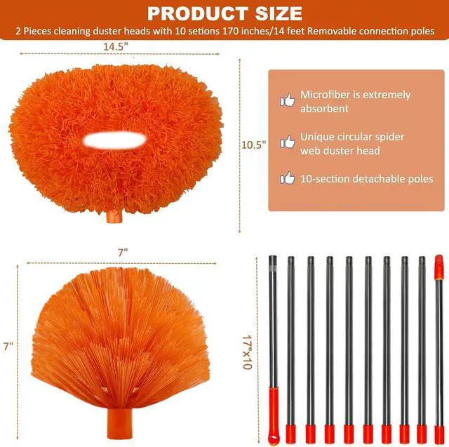 Alt view image 2 of 7 - 20+ Feet High Reach Dusting Kit, Cobweb Duster & Ceiling Fan Duster with 3-14 ft Extension Pole for Cleaning, Microfiber Feather Duster Cleaner for Cleaning Walls Bookshelves Furniture Door Window