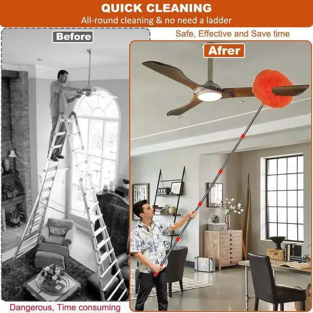 Alt view image 4 of 7 - 20+ Feet High Reach Dusting Kit, Cobweb Duster & Ceiling Fan Duster with 3-14 ft Extension Pole for Cleaning, Microfiber Feather Duster Cleaner for Cleaning Walls Bookshelves Furniture Door Window