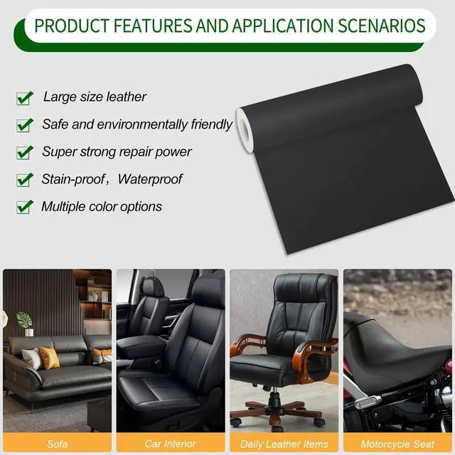 Alt view image 3 of 7 - Leather Repair Patch 17X79 inch Large Self-Adhesive Leather Repair Tape Kit, Reupholster Leather Patches for Furniture Couch Chairs Car Seat (Black, 17x79 inch)