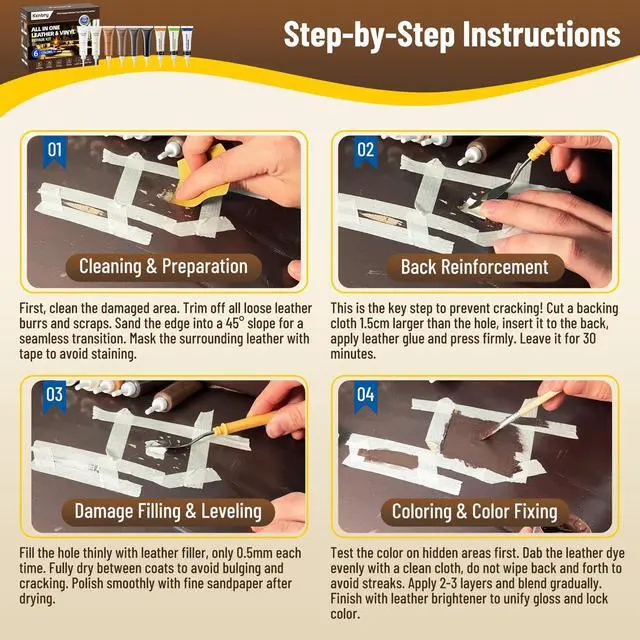 Alt view image 5 of 7 - Leather Repair Kit, Vinyl Repair Kit for Car Seat, Couch & Furniture, Leather Filler & Scratch Repair for Auto Interior, Leather & Vinyl Restoration