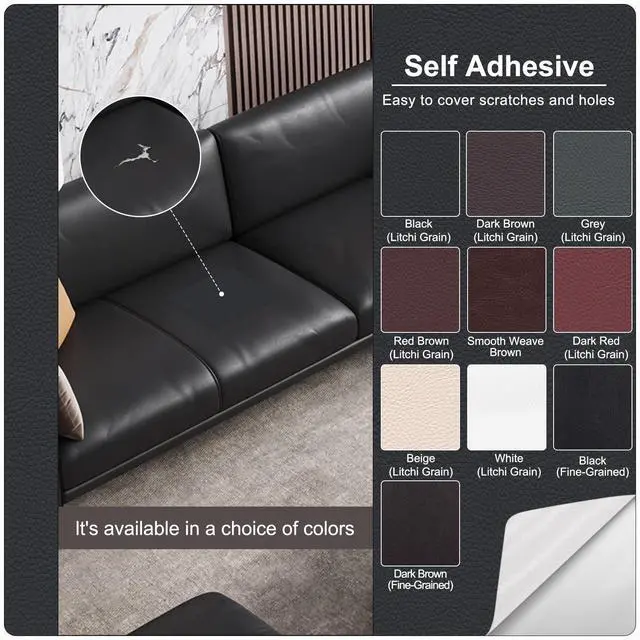 Alt view image 6 of 7 - Self Adhesive Leather Repair Patch, Leather Patches for Furniture, Leather Repair Tape for Couch Sofa Car Seat Chair Furniture Repair, Leather Repair Kit (Black-Litchi Grain, 17X79 Inch)