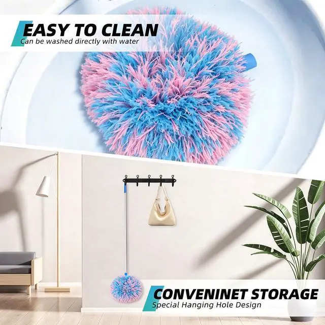 Alt view image 5 of 7 - Ceiling Fan Cleaner Duster, 2 Pack Reusable Microfiber Duster with Extension Pole, 13 to 48 Inch Fan Blade Cleaner, Removable Dusters for Cleaning Walls Bookshelves Door Window Top (Blue Pink)