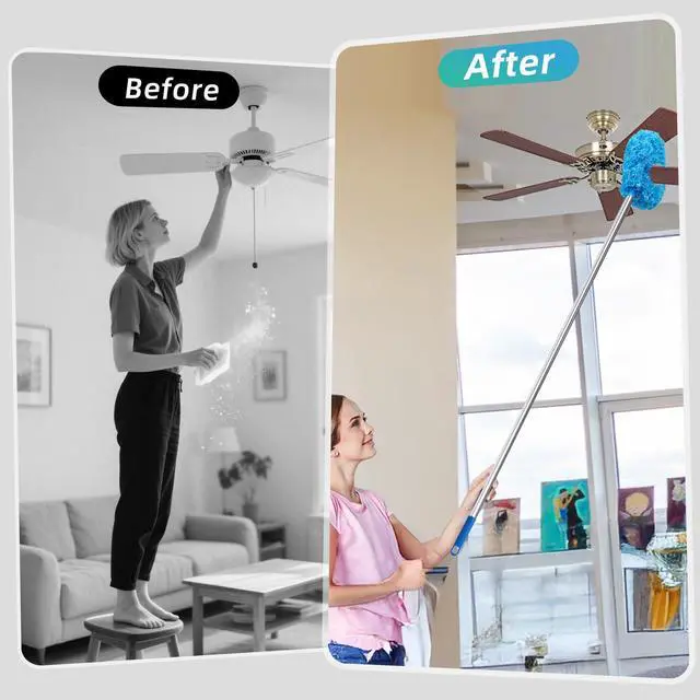 Alt view image 6 of 6 - Ceiling Fan Cleaner Duster, 2 Pack Reusable Microfiber Duster with Extension Pole, 13 to 48 Inch Fan Blade Cleaner, Removable Dusters for Cleaning Walls Bookshelves Door Window Top (Blue)