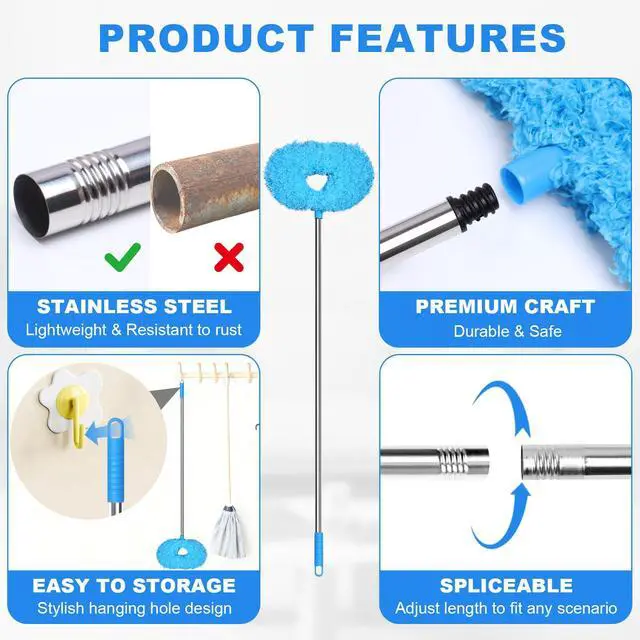 Alt view image 6 of 7 - Ceiling Fan Cleaner Duster - Adjustable Duster with Extension Pole,Dusters for Cleaning Fan Blade, Walls and Cobweb (Blue)
