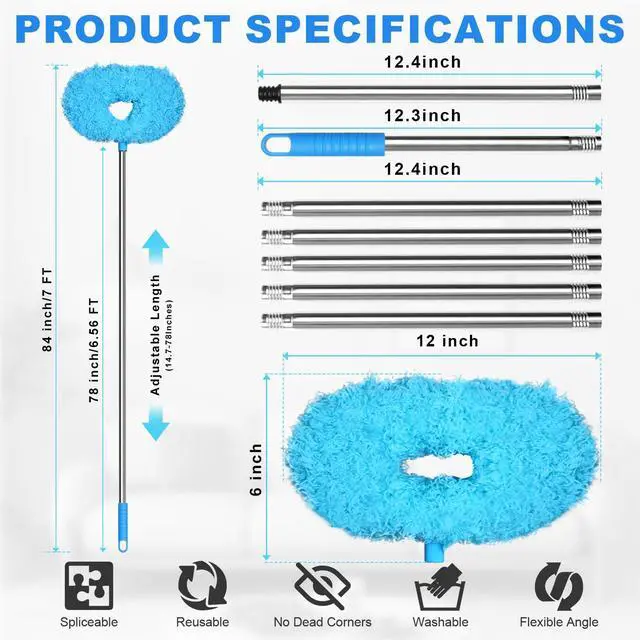 Alt view image 2 of 7 - Ceiling Fan Cleaner Duster - Adjustable Duster with Extension Pole,Dusters for Cleaning Fan Blade, Walls and Cobweb (7FT/Blue)