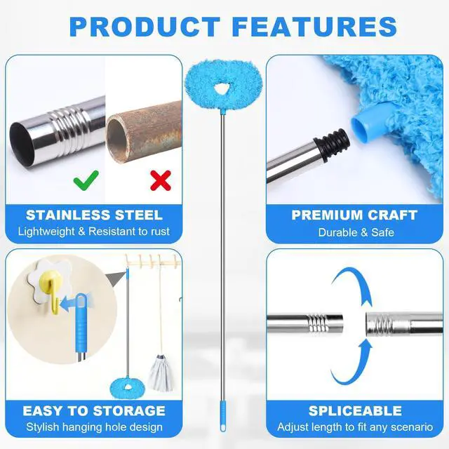 Alt view image 5 of 7 - Ceiling Fan Cleaner Duster - Adjustable Duster with Extension Pole,Dusters for Cleaning Fan Blade, Walls and Cobweb (7FT/Blue)